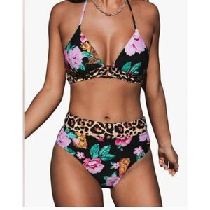395 Leopard & Floral Tiger Print High-Waisted Halter Neck Two-Piece Swimsuit